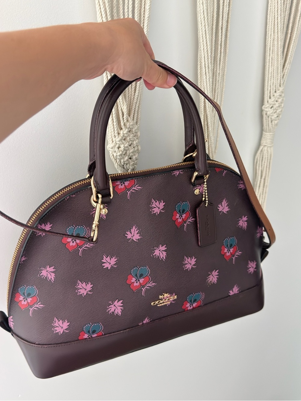 Coach Plum Floral Dome Satchel in Plum with Pink and Teal Accents